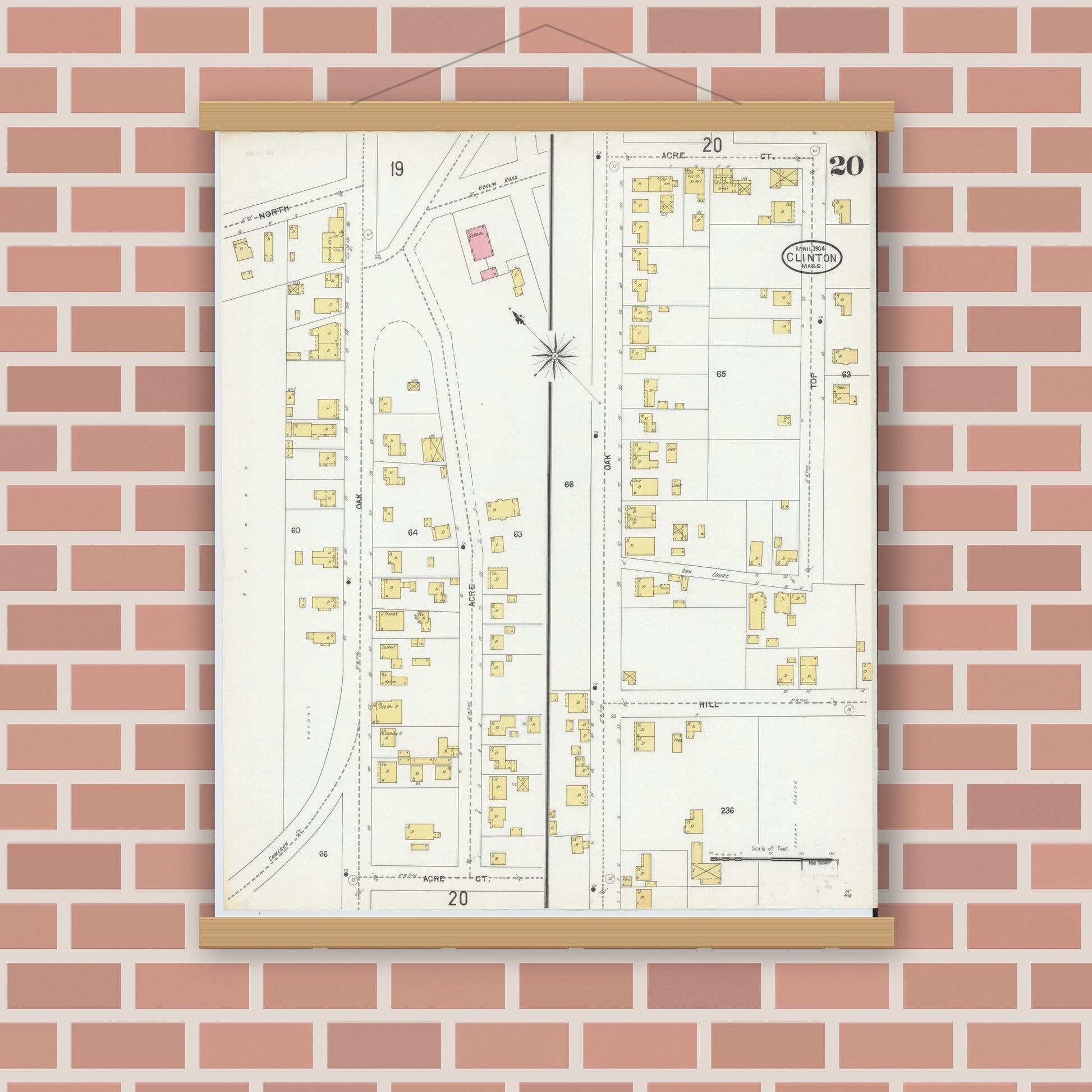 Old map wall art mockup — magnetic wood frame on brick wall — Sanborn Fire Insurance Map from Clinton, Worcester County, Massachusetts (1904), Sheet #0020