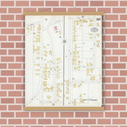 Old map wall art mockup — magnetic wood frame on brick wall — Sanborn Fire Insurance Map from Clinton, Worcester County, Massachusetts (1904), Sheet #0020
