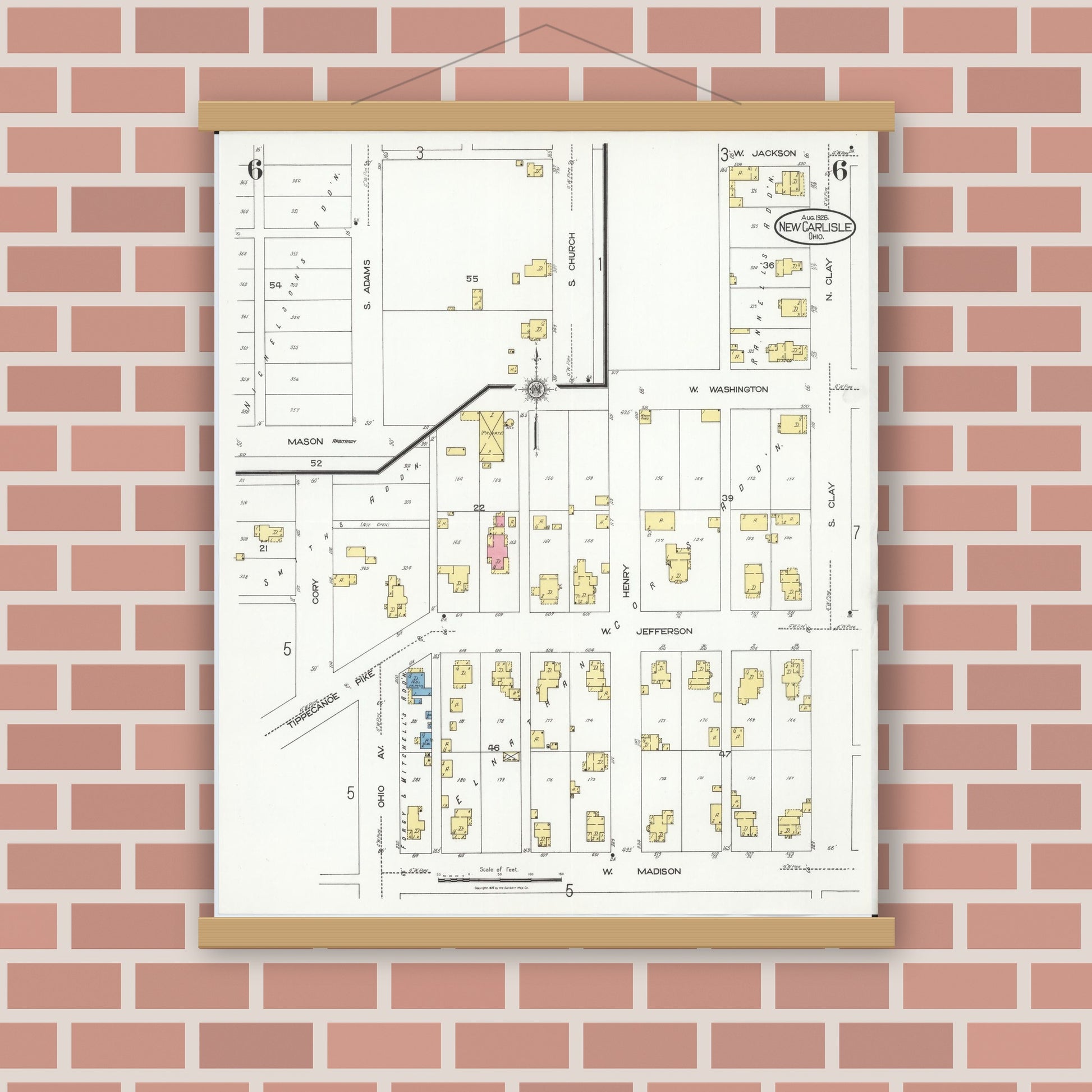 Old map wall art mockup — magnetic wood frame on brick wall — Sanborn Fire Insurance Map from New Carlisle, Clarke County, Ohio (1926), Sheet #0006