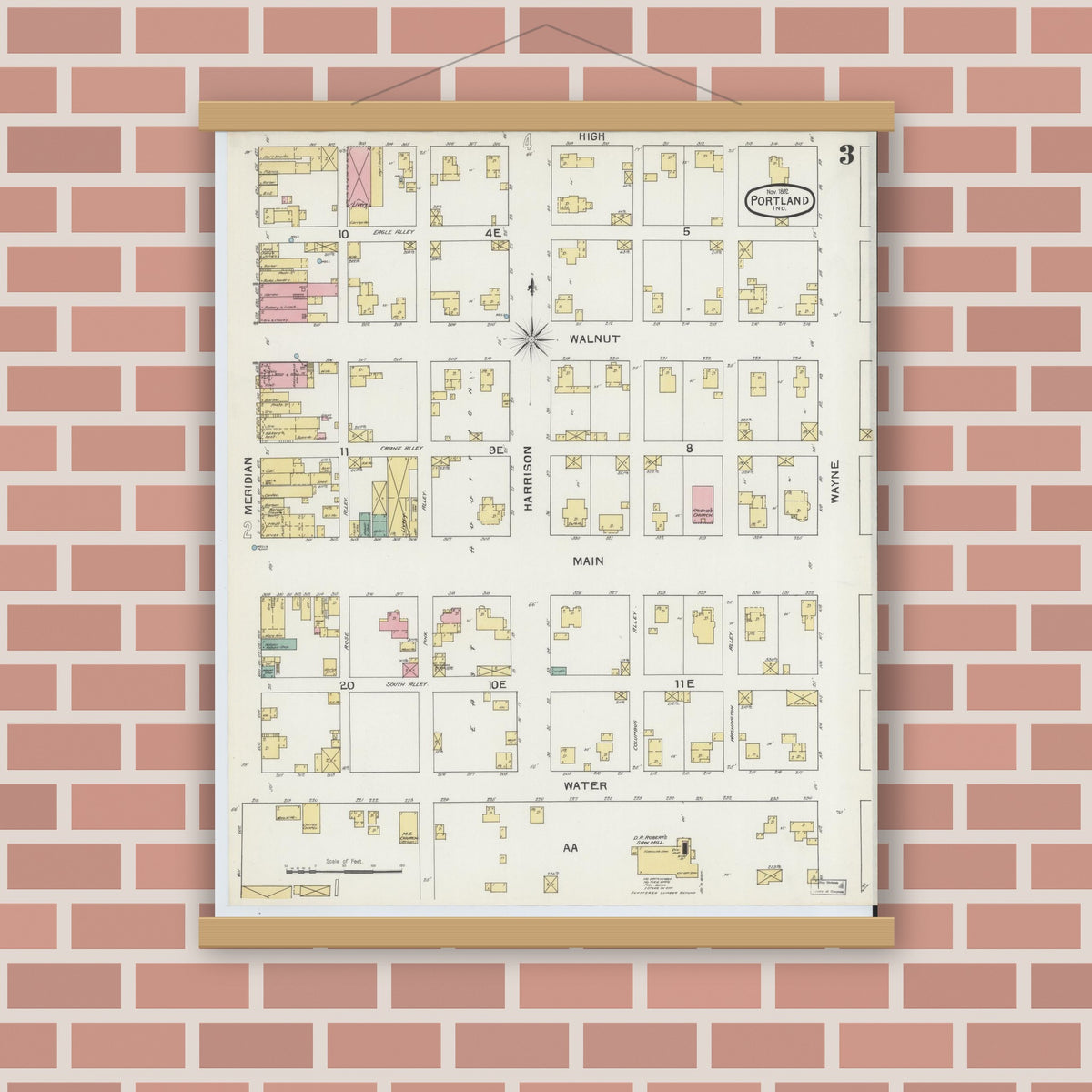 Old map wall art mockup — magnetic wood frame on brick wall — Sanborn Fire Insurance Map from Portland, Jay County, Indiana (1892), Sheet #0003