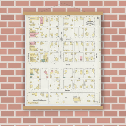 Old map wall art mockup — magnetic wood frame on brick wall — Sanborn Fire Insurance Map from Portland, Jay County, Indiana (1892), Sheet #0003