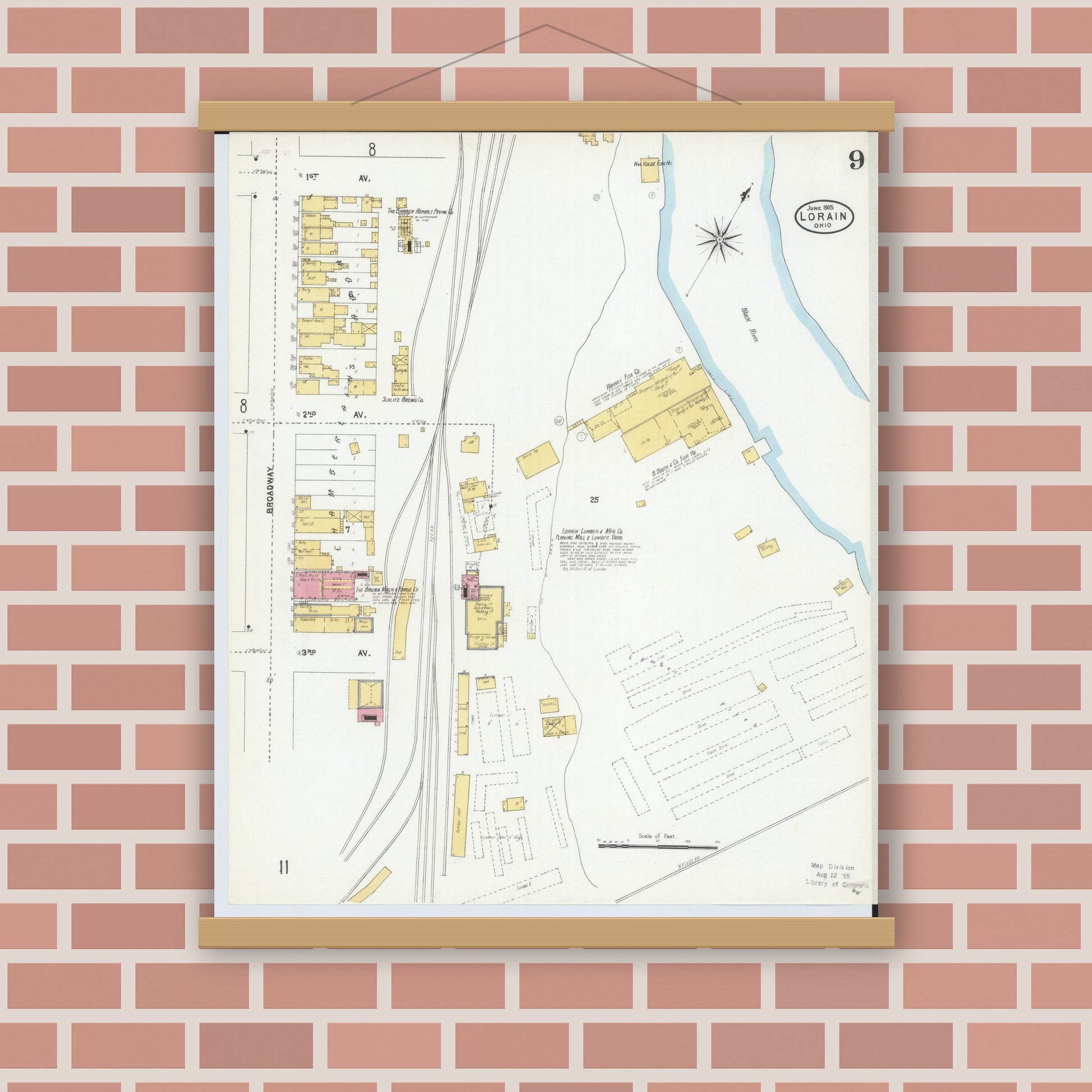 Old map wall art mockup — magnetic wood frame on brick wall — Sanborn Fire Insurance Map from Lorain, Lorain County, Ohio (1905), Sheet #0009
