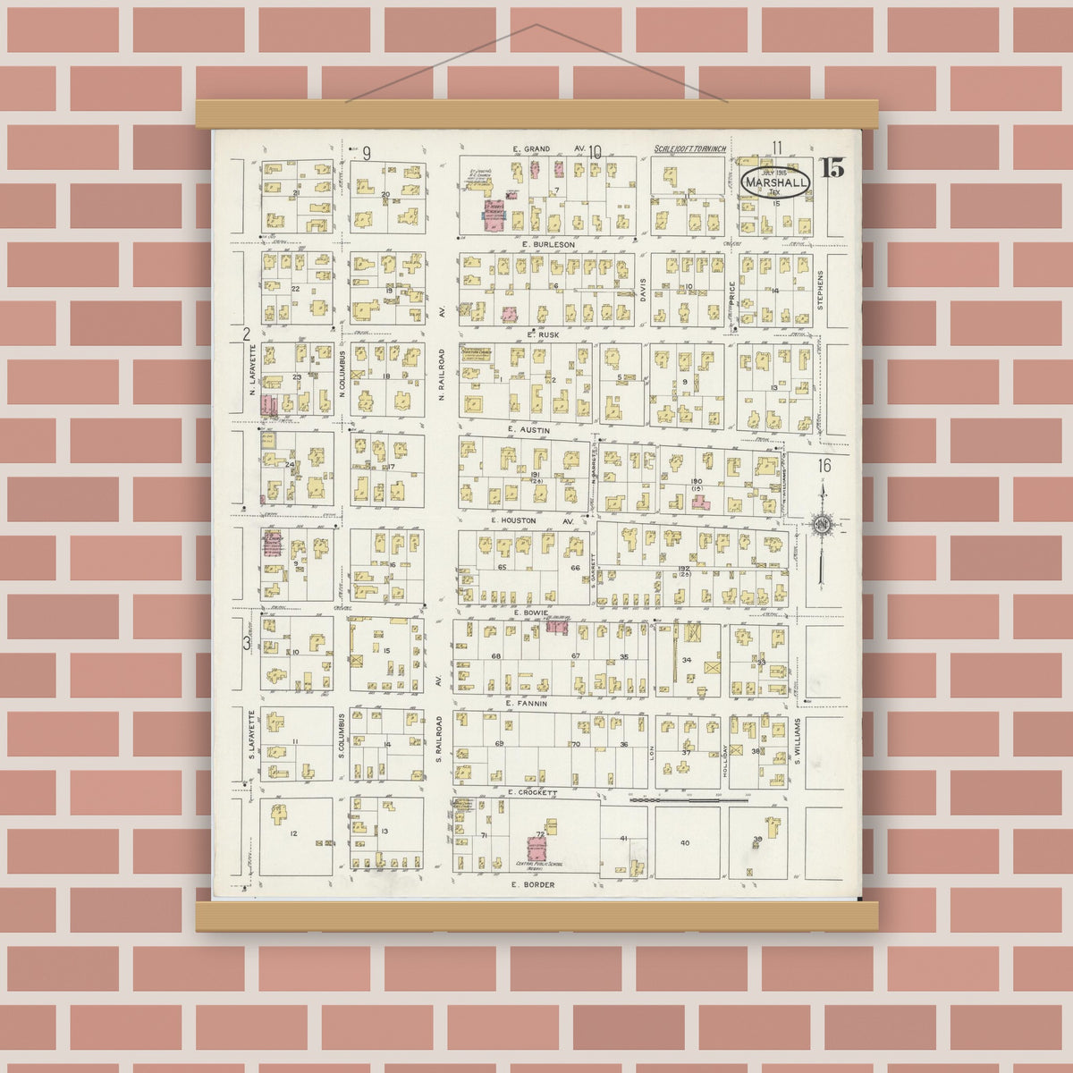 Old map wall art mockup — magnetic wood frame on brick wall — Sanborn Fire Insurance Map from Marshall, Harrison County, Texas (1915), Sheet #0015