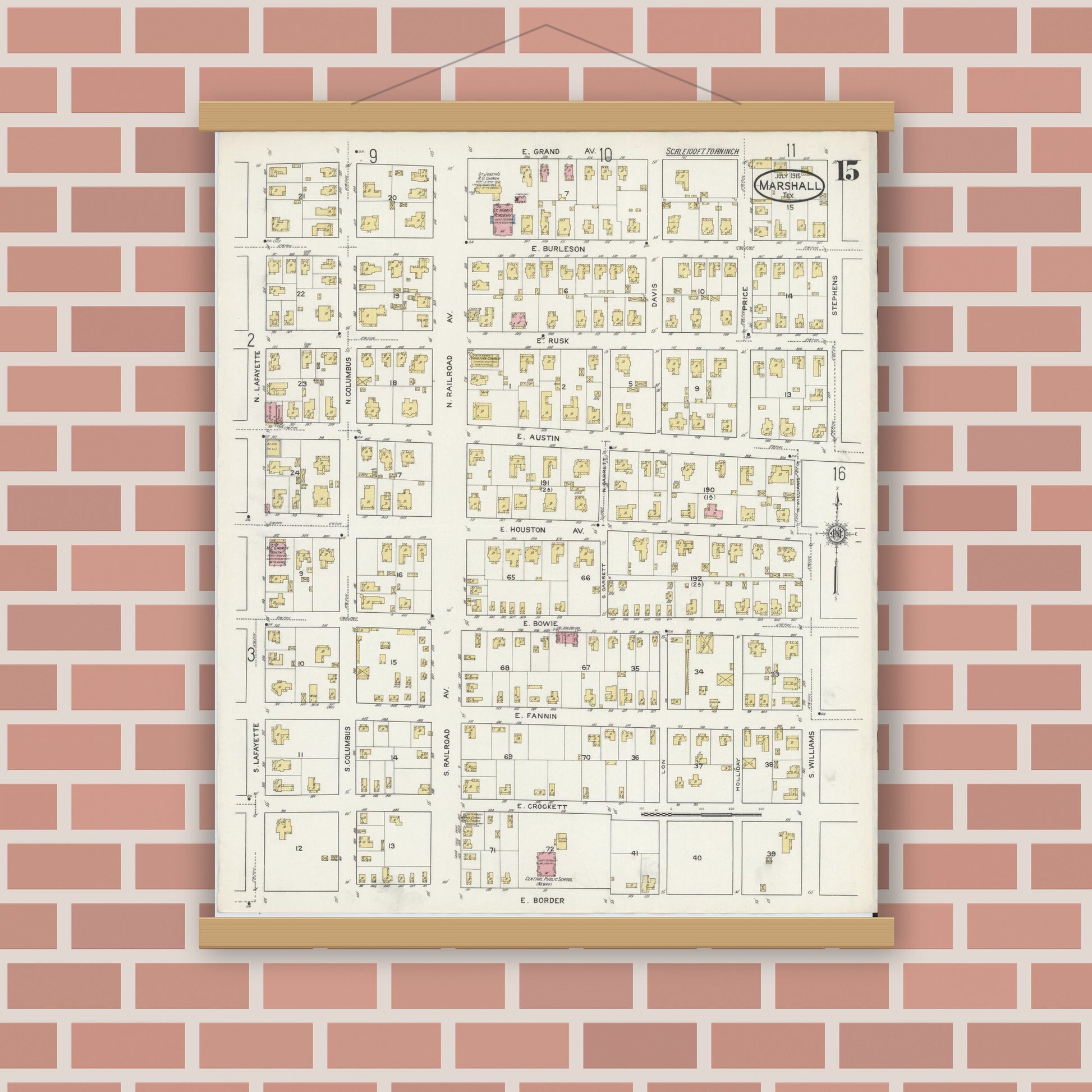 Old map wall art mockup — magnetic wood frame on brick wall — Sanborn Fire Insurance Map from Marshall, Harrison County, Texas (1915), Sheet #0015
