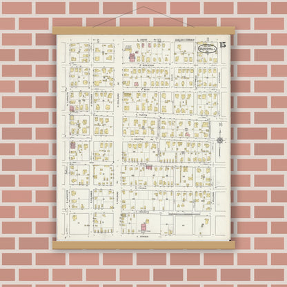 Old map wall art mockup — magnetic wood frame on brick wall — Sanborn Fire Insurance Map from Marshall, Harrison County, Texas (1915), Sheet #0015