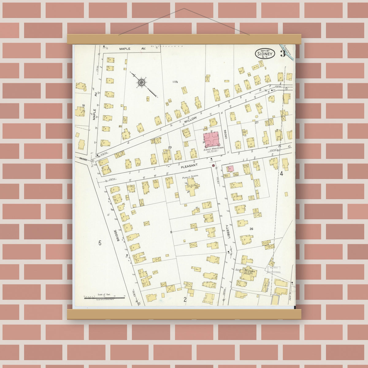 Old map wall art mockup — magnetic wood frame on brick wall — Sanborn Fire Insurance Map from Sidney, Delaware County, New York (1917), Sheet #0003