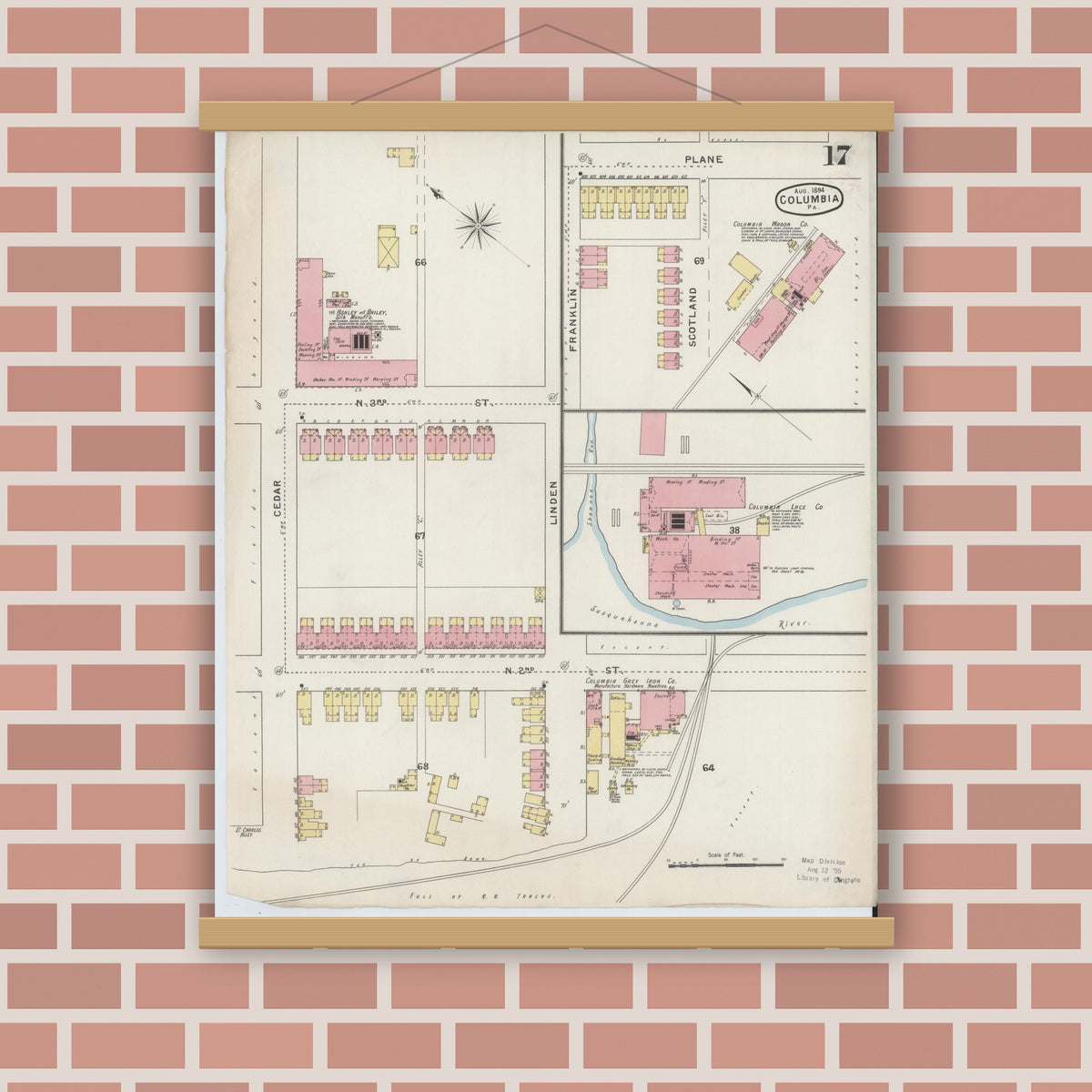 Old map wall art mockup — magnetic wood frame on brick wall — Sanborn Fire Insurance Map from Columbia, Lancaster County, Pennsylvania (1894), Sheet #0017