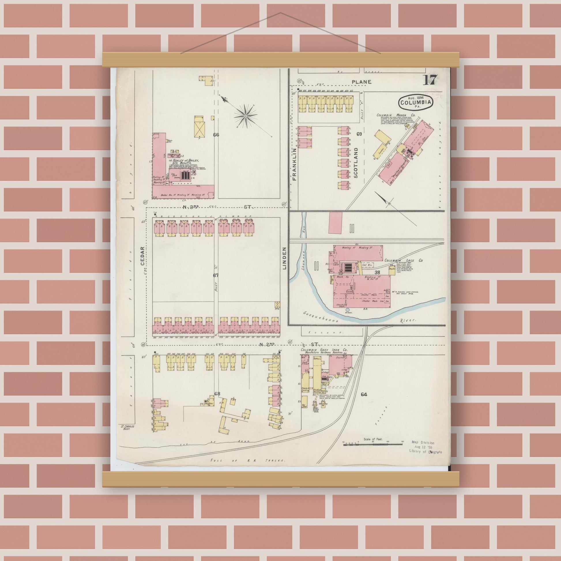 Old map wall art mockup — magnetic wood frame on brick wall — Sanborn Fire Insurance Map from Columbia, Lancaster County, Pennsylvania (1894), Sheet #0017