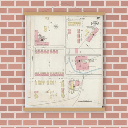 Old map wall art mockup — magnetic wood frame on brick wall — Sanborn Fire Insurance Map from Columbia, Lancaster County, Pennsylvania (1894), Sheet #0017
