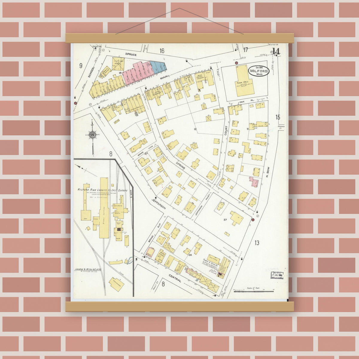 Old map wall art mockup — magnetic wood frame on brick wall — Sanborn Fire Insurance Map from Milford, Worcester County, Massachusetts (1910), Sheet #0014
