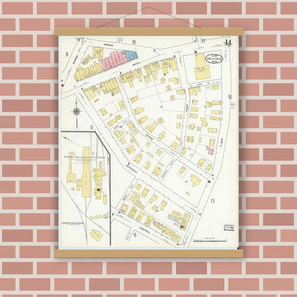 Old map wall art mockup — magnetic wood frame on brick wall — Sanborn Fire Insurance Map from Milford, Worcester County, Massachusetts (1910), Sheet #0014