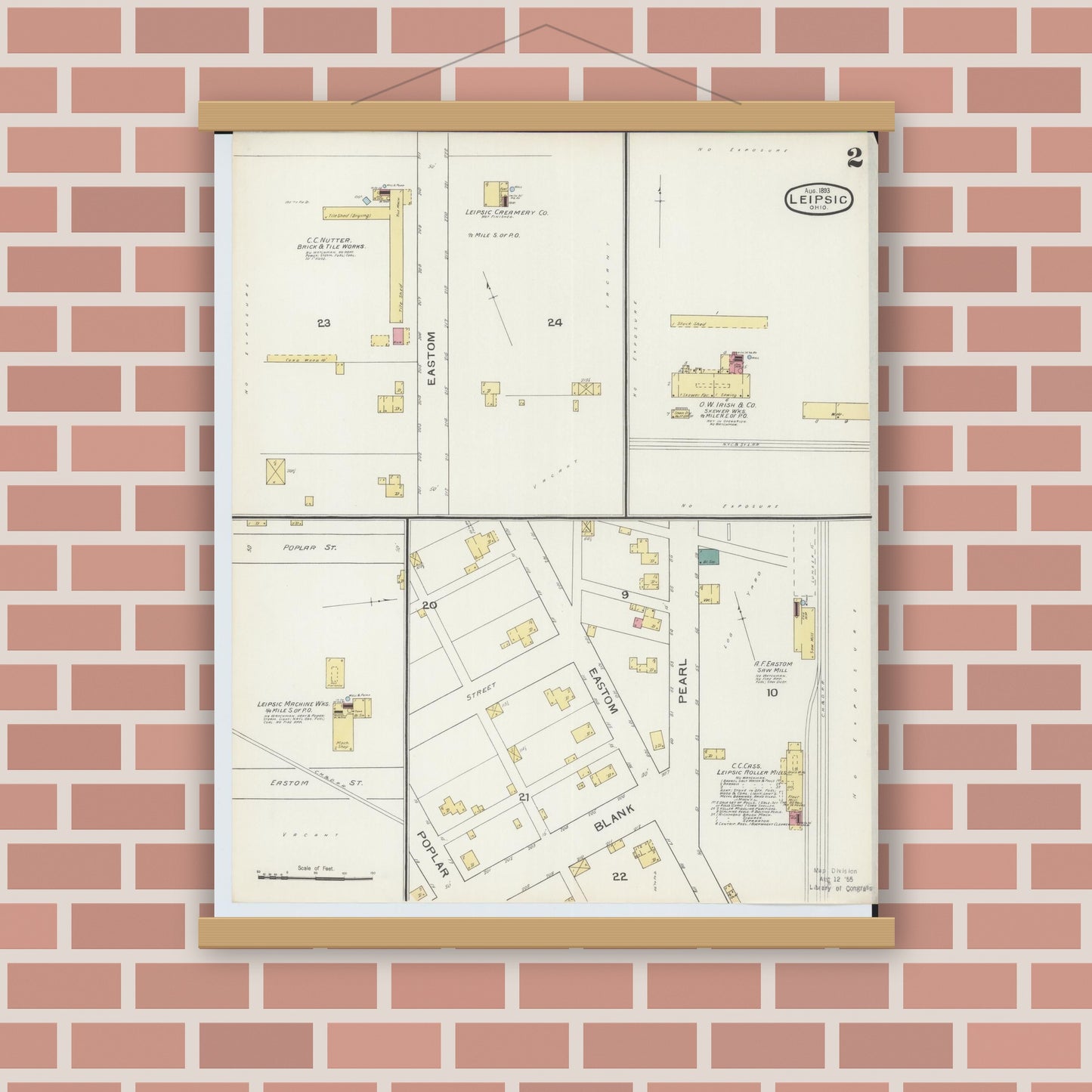 Old map wall art mockup — magnetic wood frame on brick wall — Sanborn Fire Insurance Map from Leipsic, Putnam County, Ohio (1893), Sheet #0002