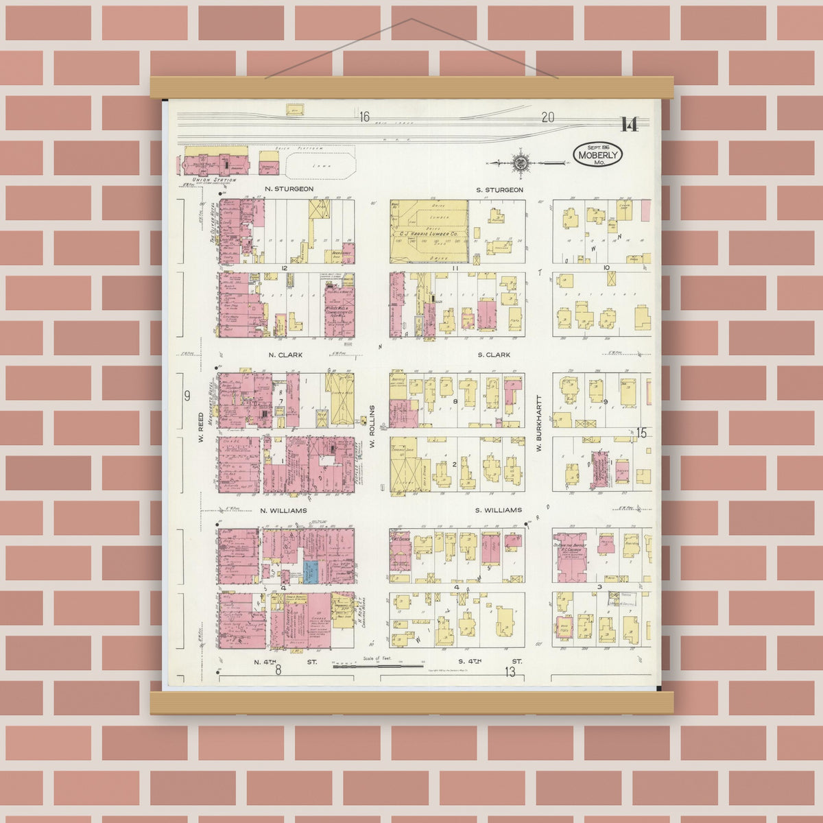 Old map wall art mockup — magnetic wood frame on brick wall — Sanborn Fire Insurance Map from Moberly, Randolph County, Missouri (1916), Sheet #0014