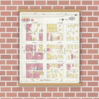 Old map wall art mockup — magnetic wood frame on brick wall — Sanborn Fire Insurance Map from Moberly, Randolph County, Missouri (1916), Sheet #0014