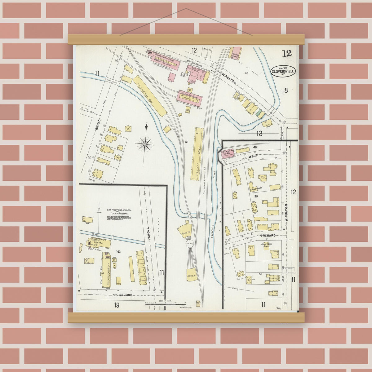 Old map wall art mockup — magnetic wood frame on brick wall — Sanborn Fire Insurance Map from Gloversville, Fulton County, New York (1897), Sheet #0012