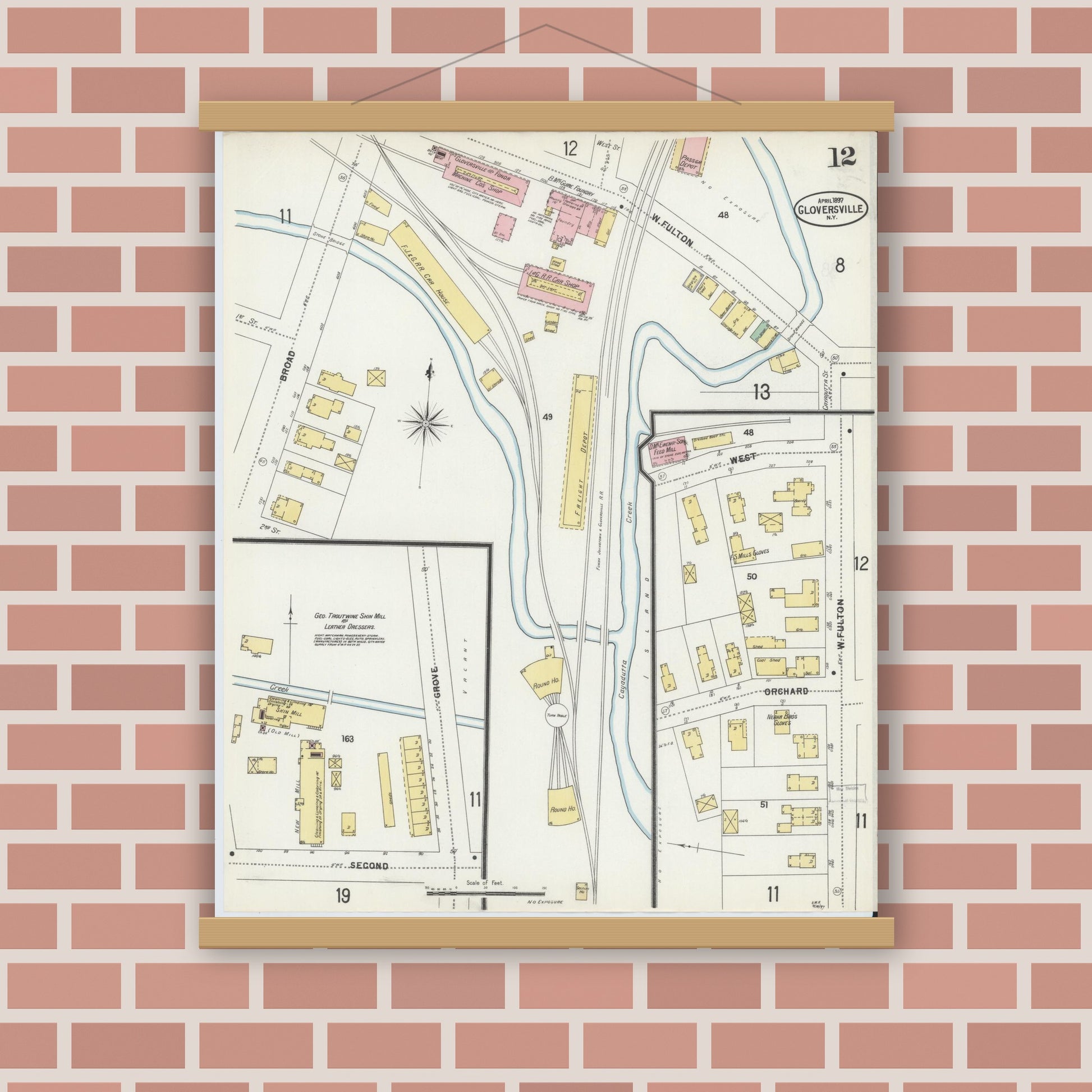 Old map wall art mockup — magnetic wood frame on brick wall — Sanborn Fire Insurance Map from Gloversville, Fulton County, New York (1897), Sheet #0012