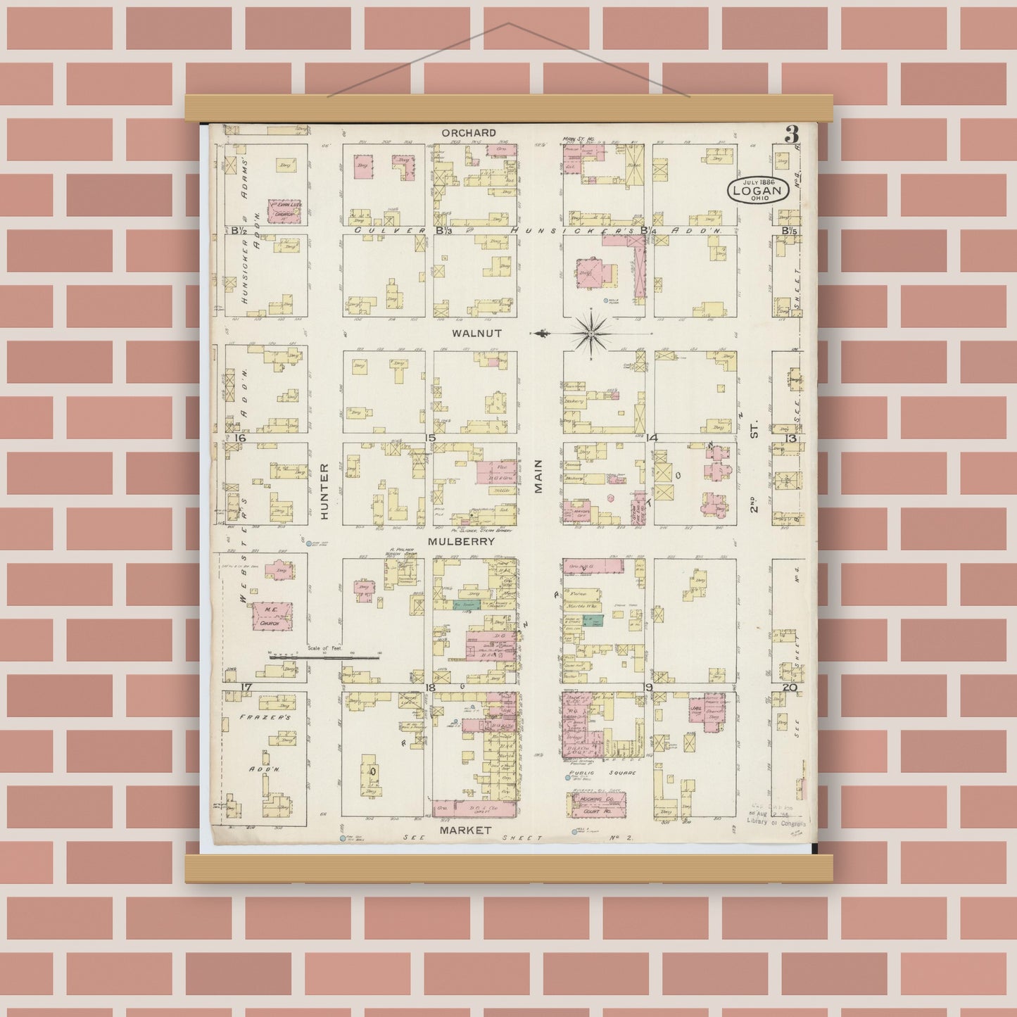 Old map wall art mockup — magnetic wood frame on brick wall — Sanborn Fire Insurance Map from Logan, Hocking County, Ohio (1886), Sheet #0003