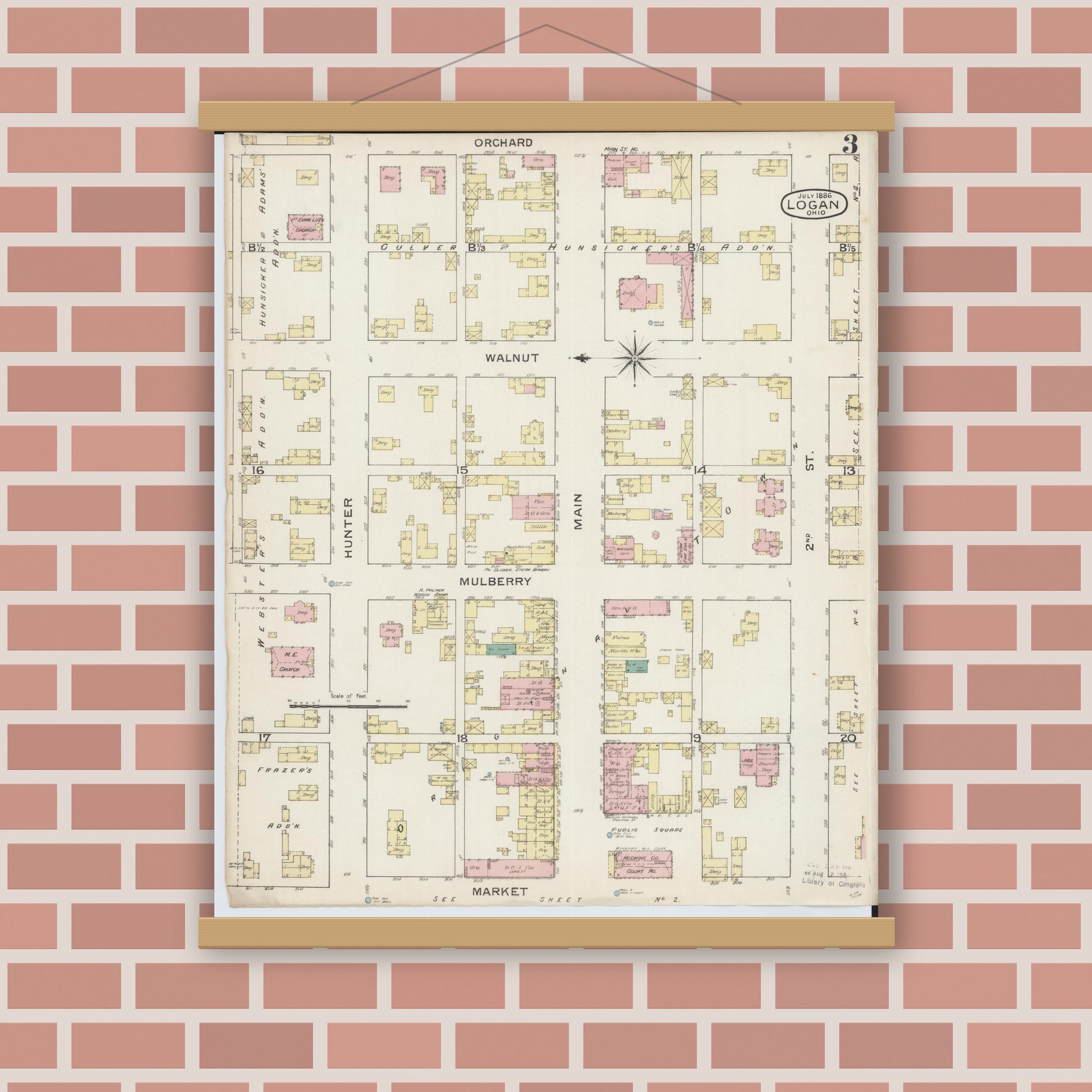 Old map wall art mockup — magnetic wood frame on brick wall — Sanborn Fire Insurance Map from Logan, Hocking County, Ohio (1886), Sheet #0003