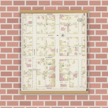 Old map wall art mockup — magnetic wood frame on brick wall — Sanborn Fire Insurance Map from Logan, Hocking County, Ohio (1886), Sheet #0003