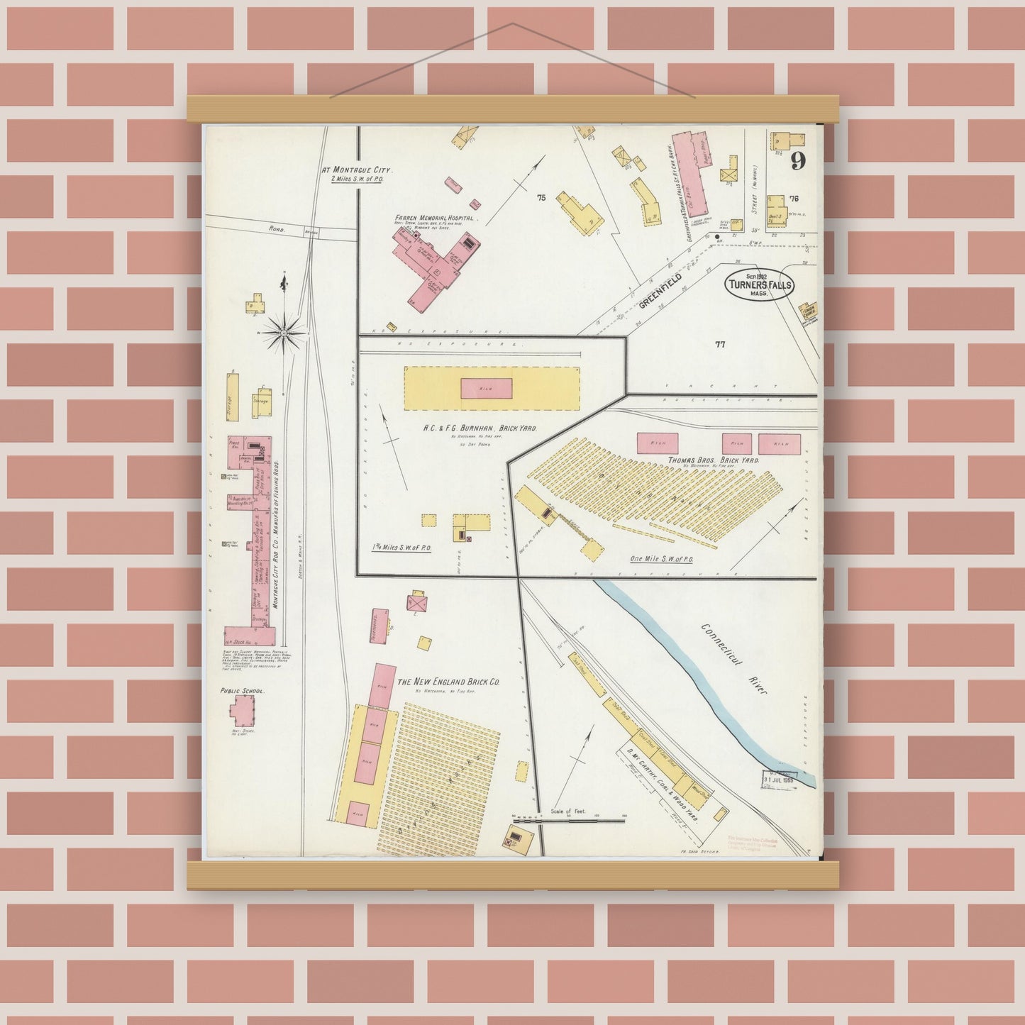 Old map wall art mockup — magnetic wood frame on brick wall — Sanborn Fire Insurance Map from Turners Falls, Franklin County, Massachusetts (1902), Sheet #0009