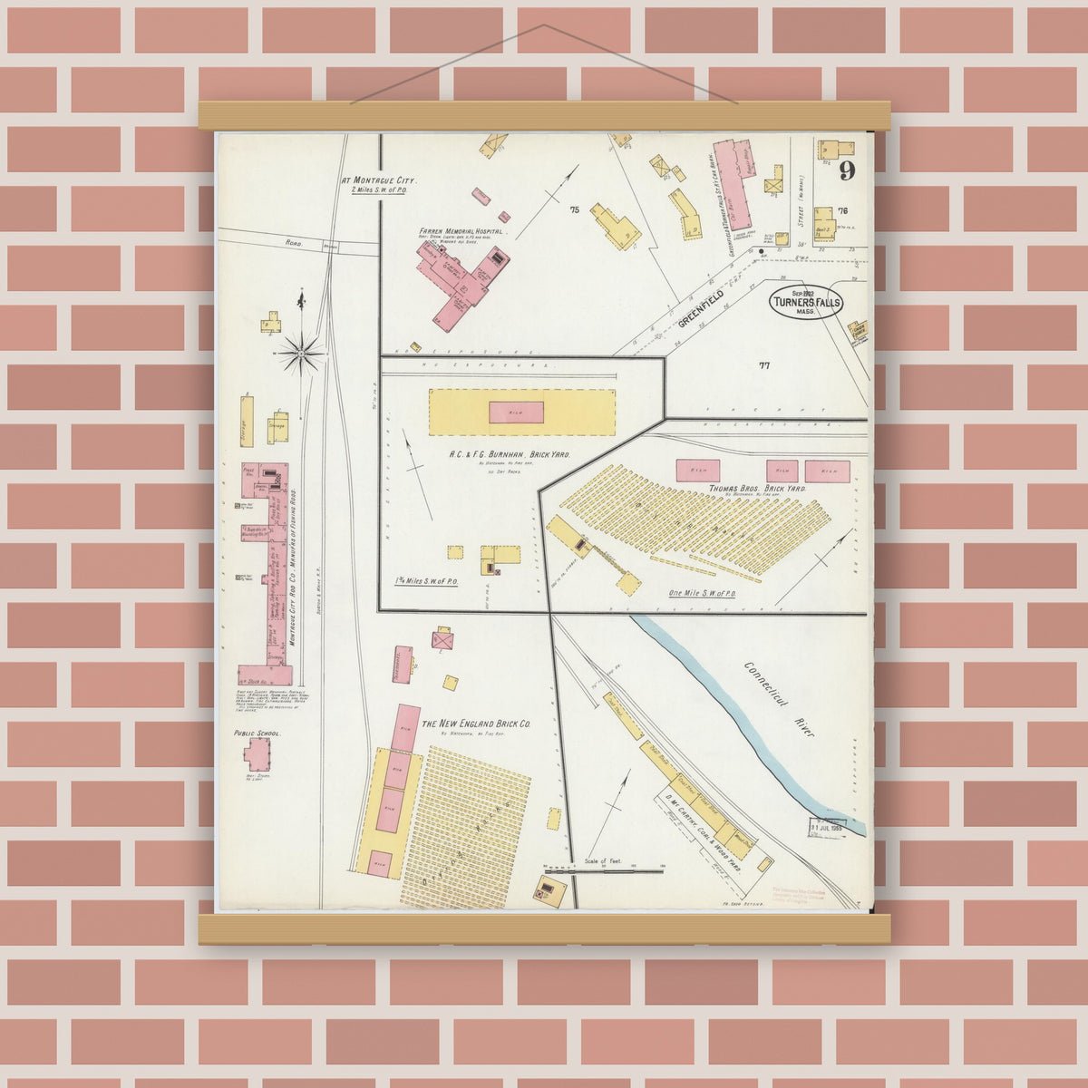 Old map wall art mockup — magnetic wood frame on brick wall — Sanborn Fire Insurance Map from Turners Falls, Franklin County, Massachusetts (1902), Sheet #0009