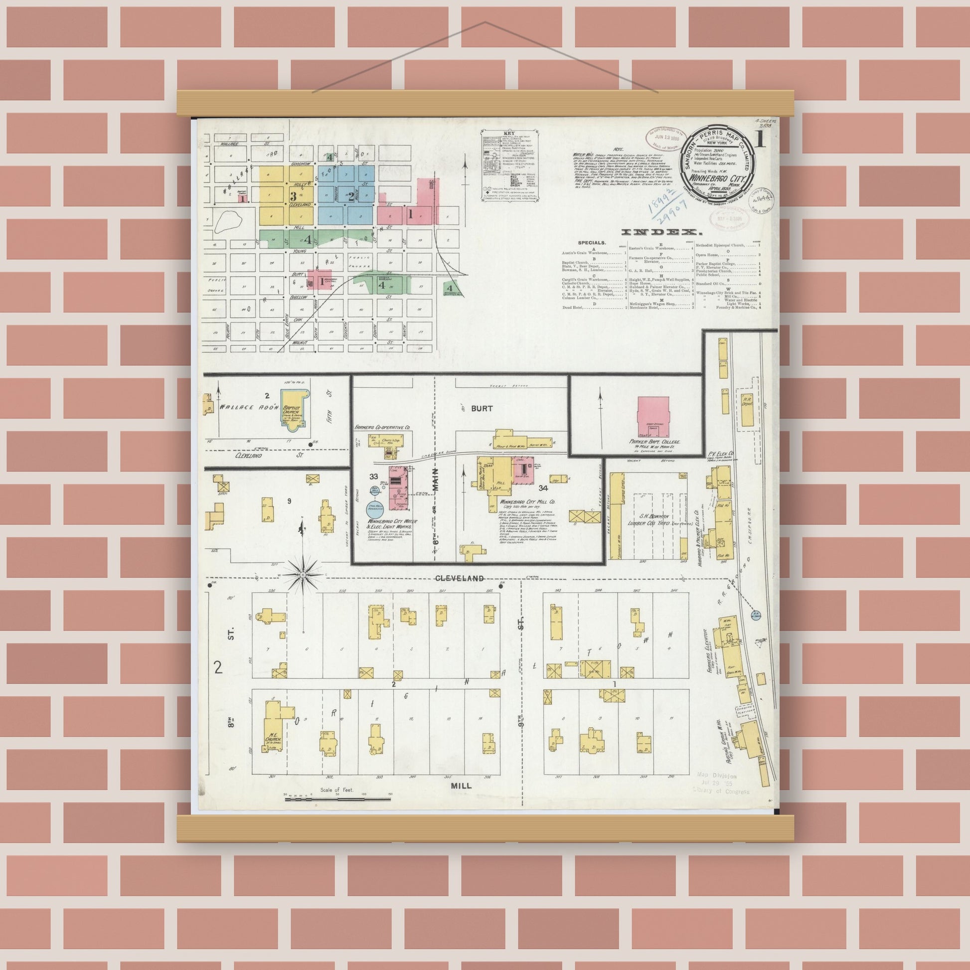 Old map wall art mockup — magnetic wood frame on brick wall — Sanborn Fire Insurance Map from Winnebago, Faribault County, Minnesota (1899), Sheet #0001