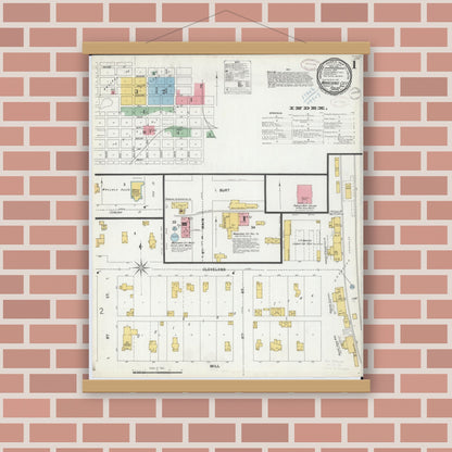 Old map wall art mockup — magnetic wood frame on brick wall — Sanborn Fire Insurance Map from Winnebago, Faribault County, Minnesota (1899), Sheet #0001