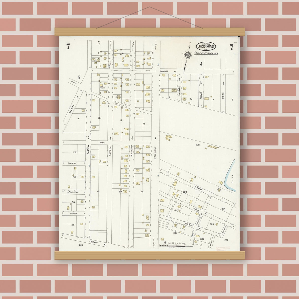 Old map wall art mockup — magnetic wood frame on brick wall — Sanborn Fire Insurance Map from Lindenhurst, Suffolk County, New York (1925), Sheet #0007