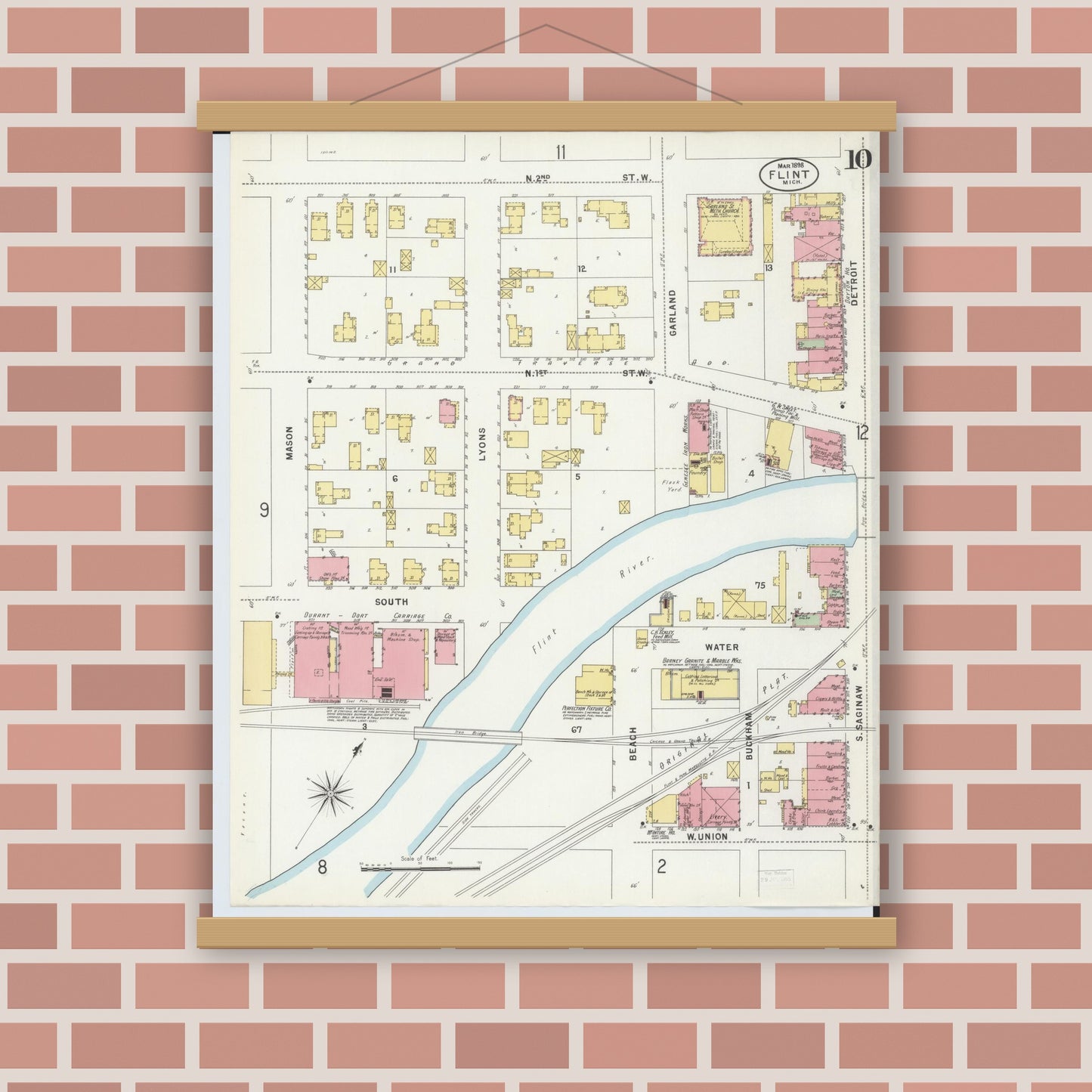 Old map wall art mockup — magnetic wood frame on brick wall — Sanborn Fire Insurance Map from Flint, Genesee County, Michigan (1898), Sheet #0010