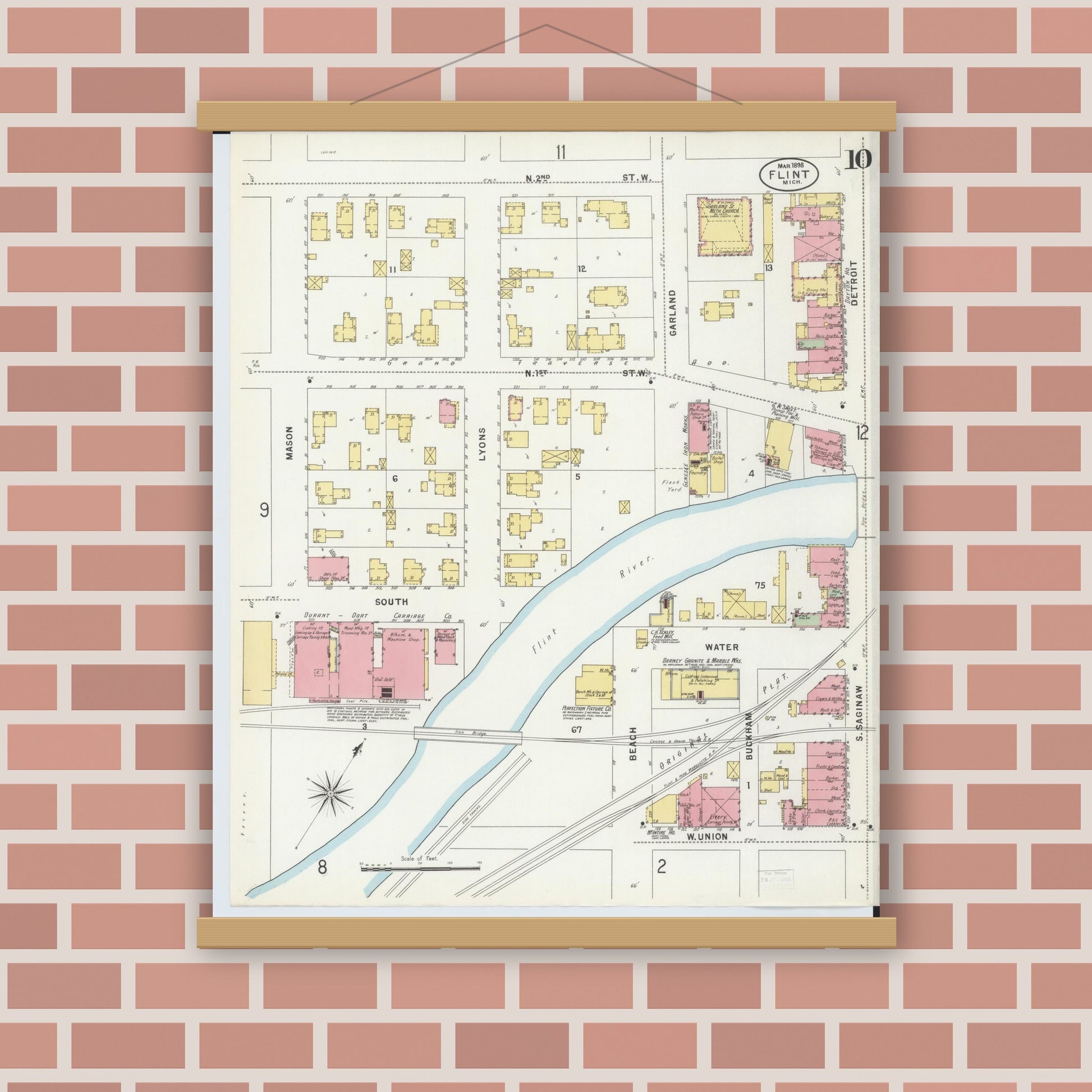 Old map wall art mockup — magnetic wood frame on brick wall — Sanborn Fire Insurance Map from Flint, Genesee County, Michigan (1898), Sheet #0010