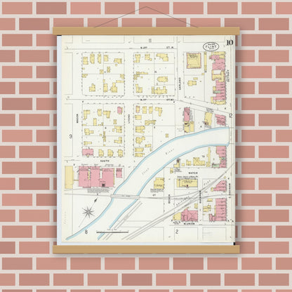 Old map wall art mockup — magnetic wood frame on brick wall — Sanborn Fire Insurance Map from Flint, Genesee County, Michigan (1898), Sheet #0010
