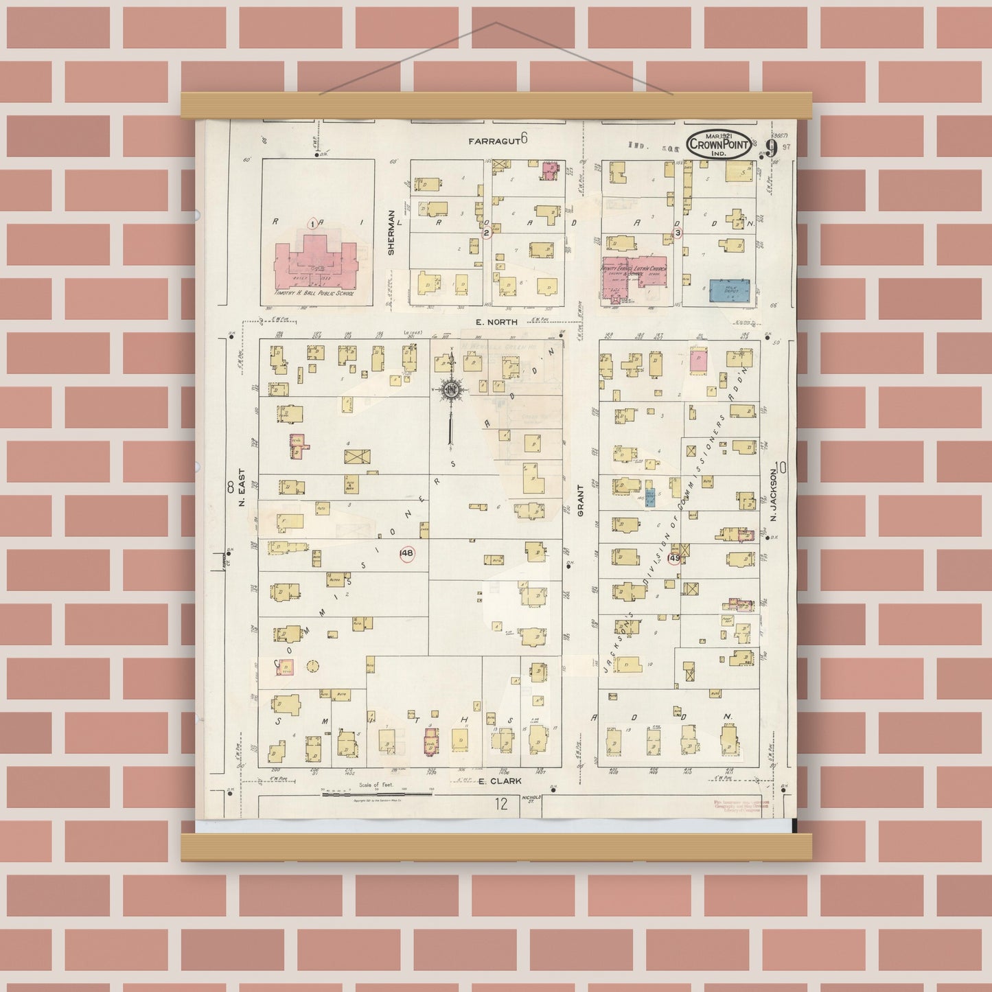 Old map wall art mockup — magnetic wood frame on brick wall — Sanborn Fire Insurance Map from Crown Point, Lake County, Indiana (1948), Sheet #0009