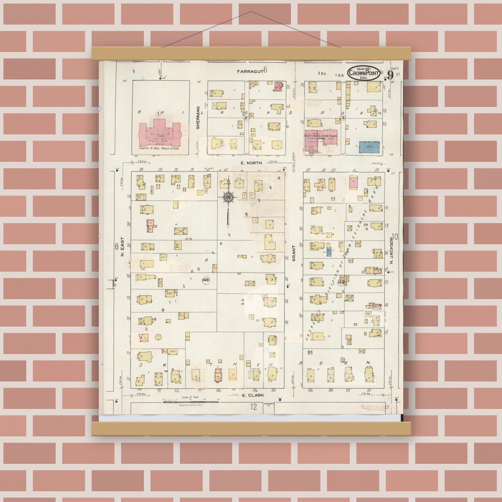 Old map wall art mockup — magnetic wood frame on brick wall — Sanborn Fire Insurance Map from Crown Point, Lake County, Indiana (1948), Sheet #0009