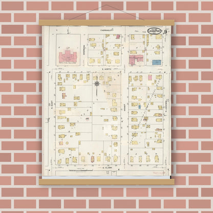 Old map wall art mockup — magnetic wood frame on brick wall — Sanborn Fire Insurance Map from Crown Point, Lake County, Indiana (1948), Sheet #0009