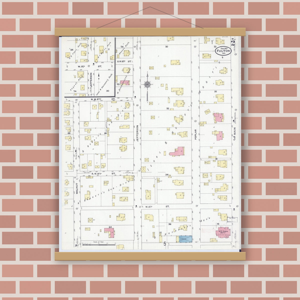 Old map wall art mockup — magnetic wood frame on brick wall — Sanborn Fire Insurance Map from Fulton, Callaway County, Missouri (1910), Sheet #0002