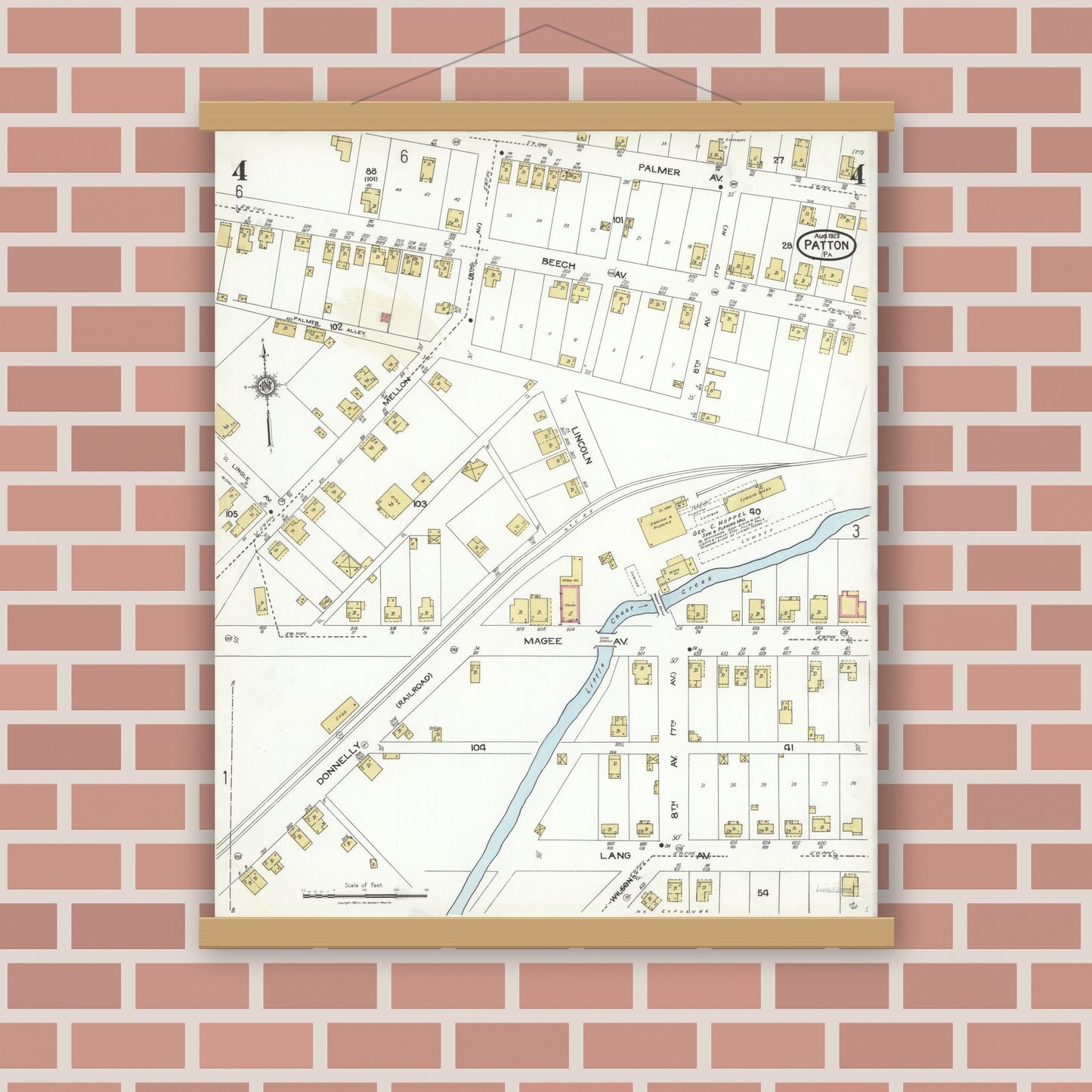 Old map wall art mockup — magnetic wood frame on brick wall — Sanborn Fire Insurance Map from Patton, Cambria County, Pennsylvania (1923), Sheet #0004