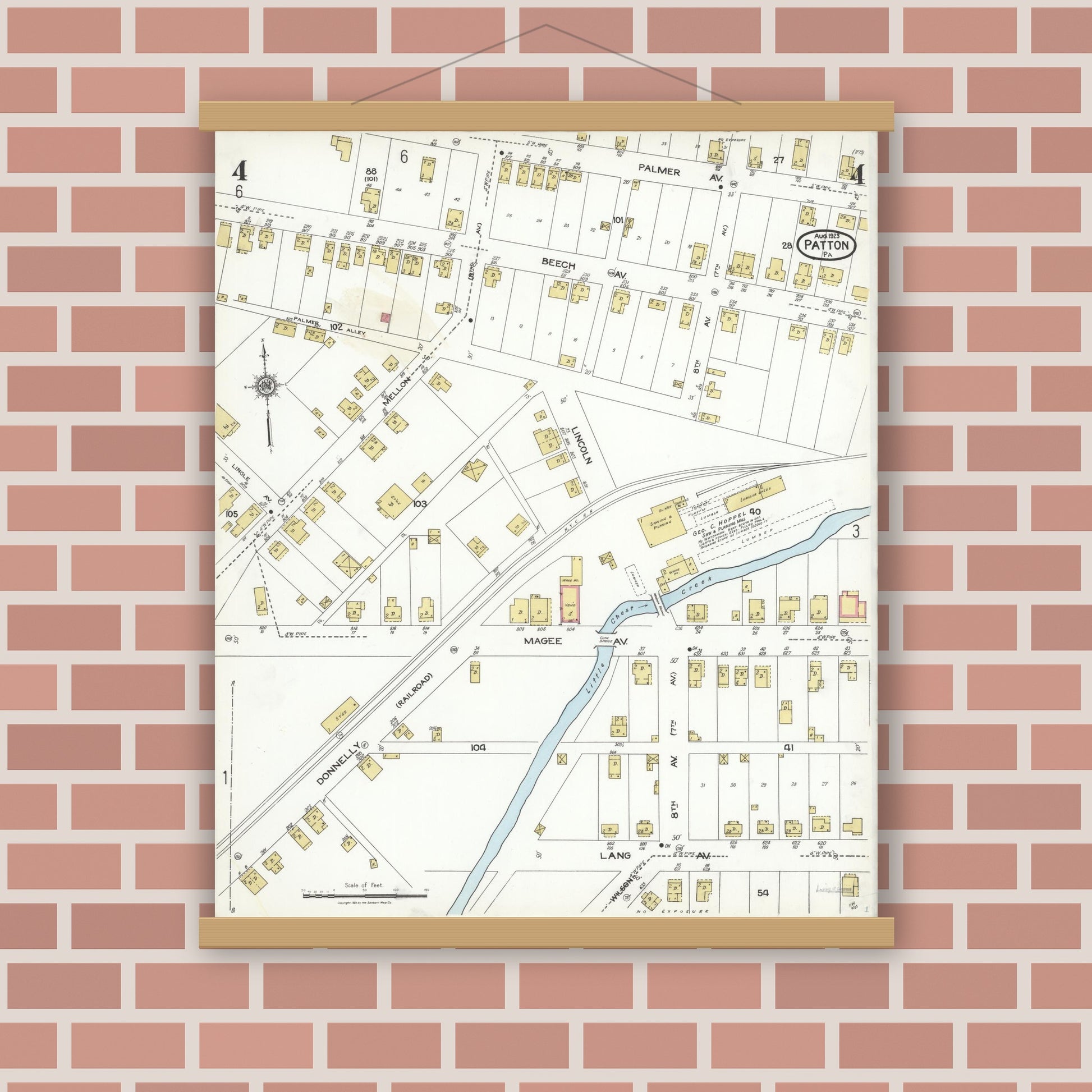 Old map wall art mockup — magnetic wood frame on brick wall — Sanborn Fire Insurance Map from Patton, Cambria County, Pennsylvania (1923), Sheet #0004