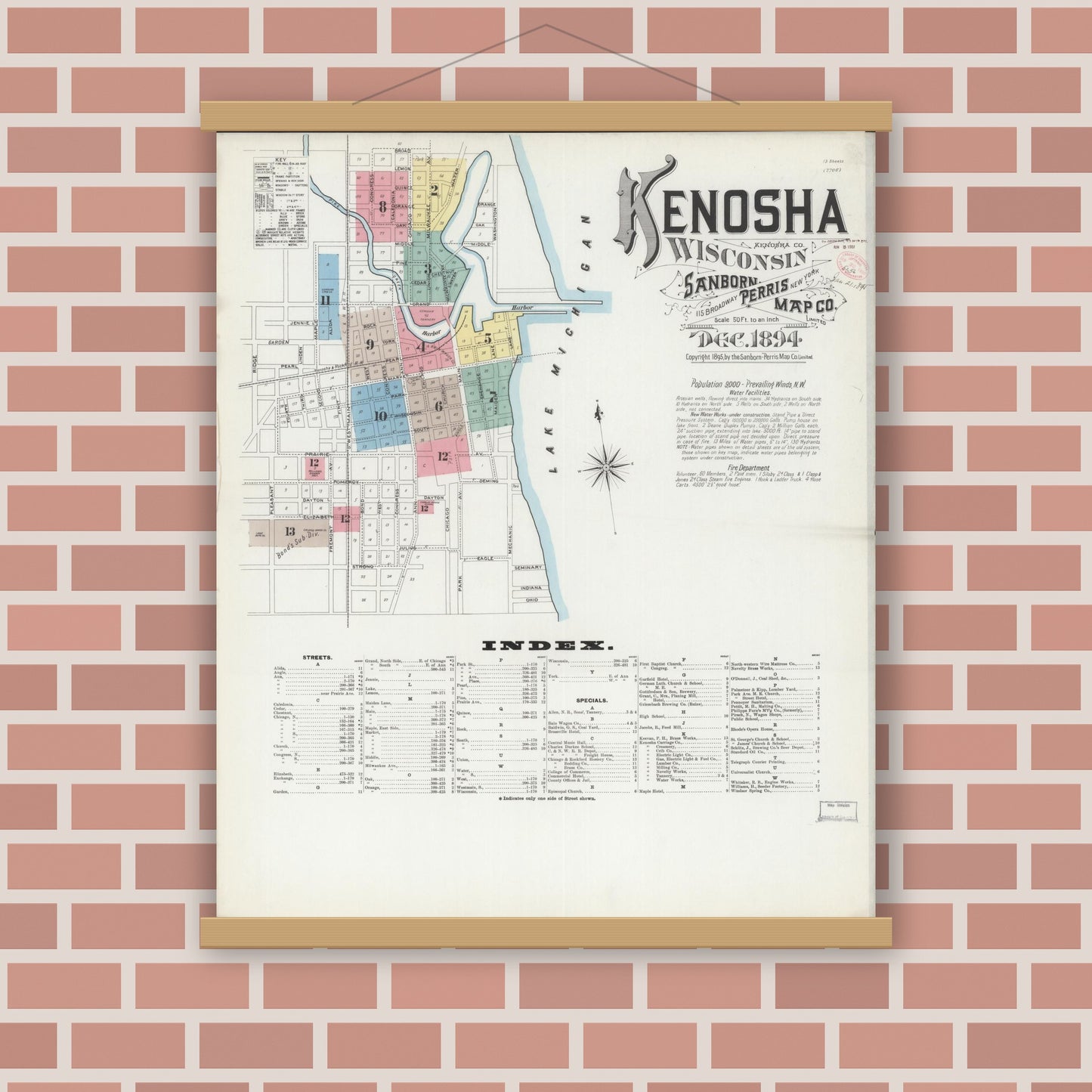 Old map wall art mockup — magnetic wood frame on brick wall — Sanborn Fire Insurance Map from Kenosha, Kenosha County, Wisconsin (1894), Sheet #0001
