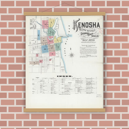 Old map wall art mockup — magnetic wood frame on brick wall — Sanborn Fire Insurance Map from Kenosha, Kenosha County, Wisconsin (1894), Sheet #0001