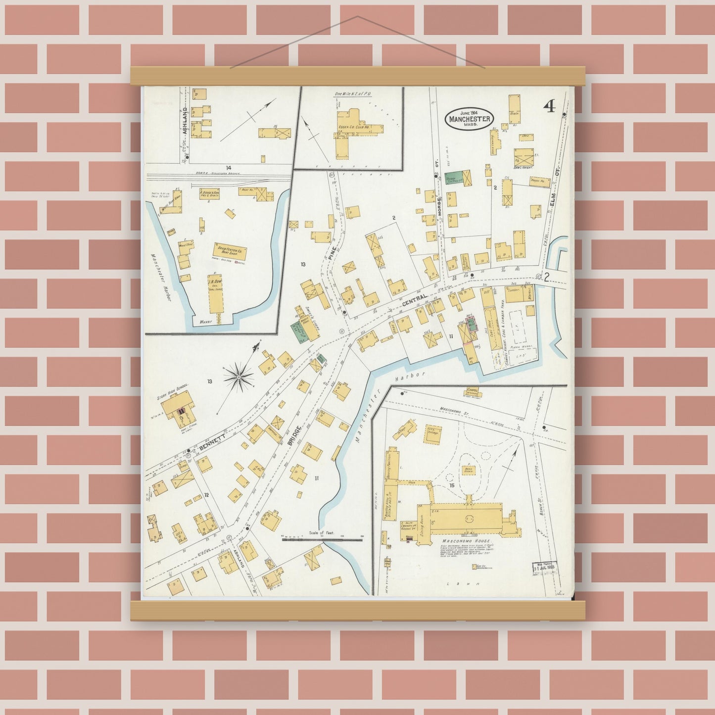 Old map wall art mockup — magnetic wood frame on brick wall — Sanborn Fire Insurance Map from Manchester, Essex County, Massachusetts (1904), Sheet #0004
