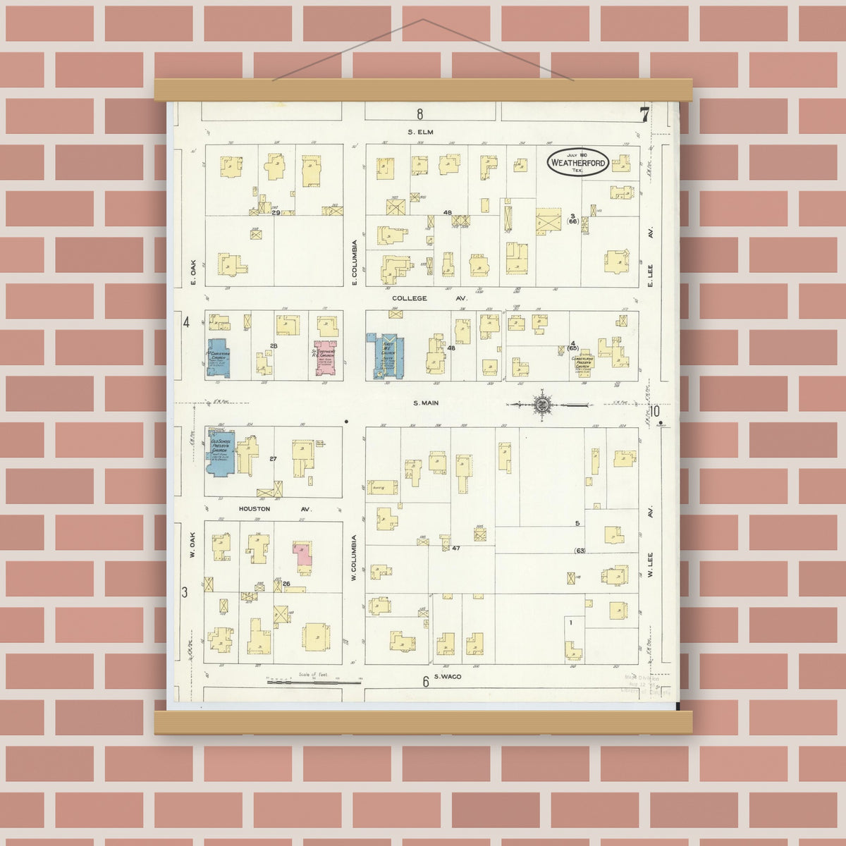 Old map wall art mockup — magnetic wood frame on brick wall — Sanborn Fire Insurance Map from Weatherford, Parker County, Texas (1910), Sheet #0007