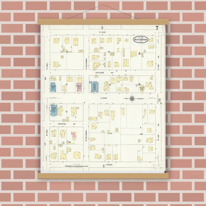 Old map wall art mockup — magnetic wood frame on brick wall — Sanborn Fire Insurance Map from Weatherford, Parker County, Texas (1910), Sheet #0007