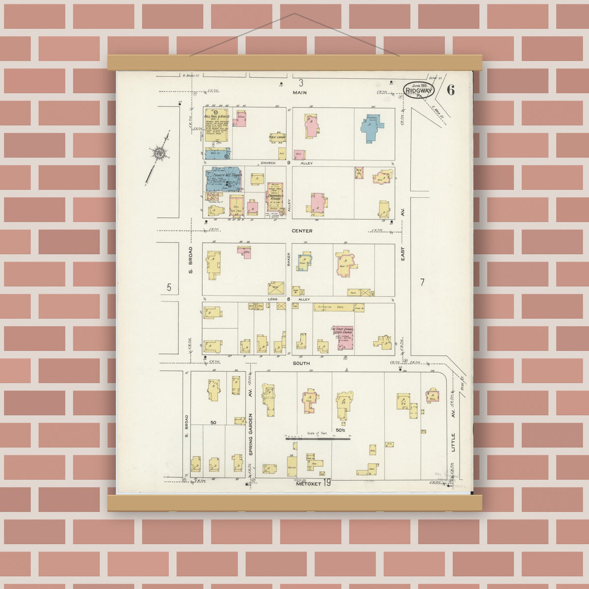 Old map wall art mockup — magnetic wood frame on brick wall — Sanborn Fire Insurance Map from Ridgway, Elk County, Pennsylvania (1915), Sheet #0006