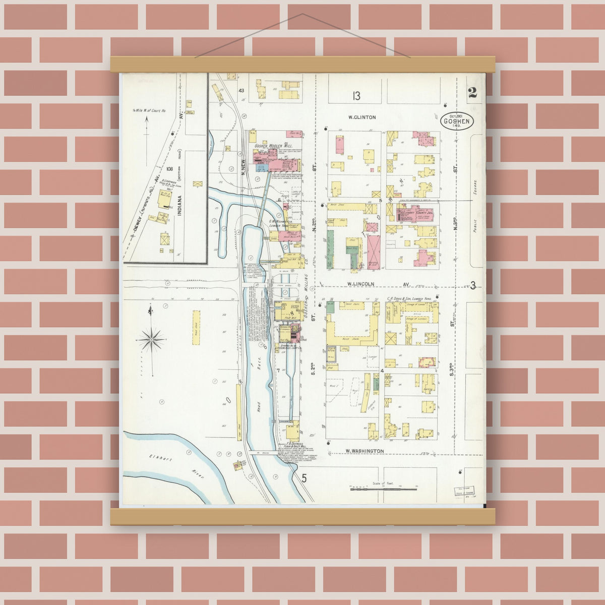 Old map wall art mockup — magnetic wood frame on brick wall — Sanborn Fire Insurance Map from Goshen, Elkhart County, Indiana (1901), Sheet #0002