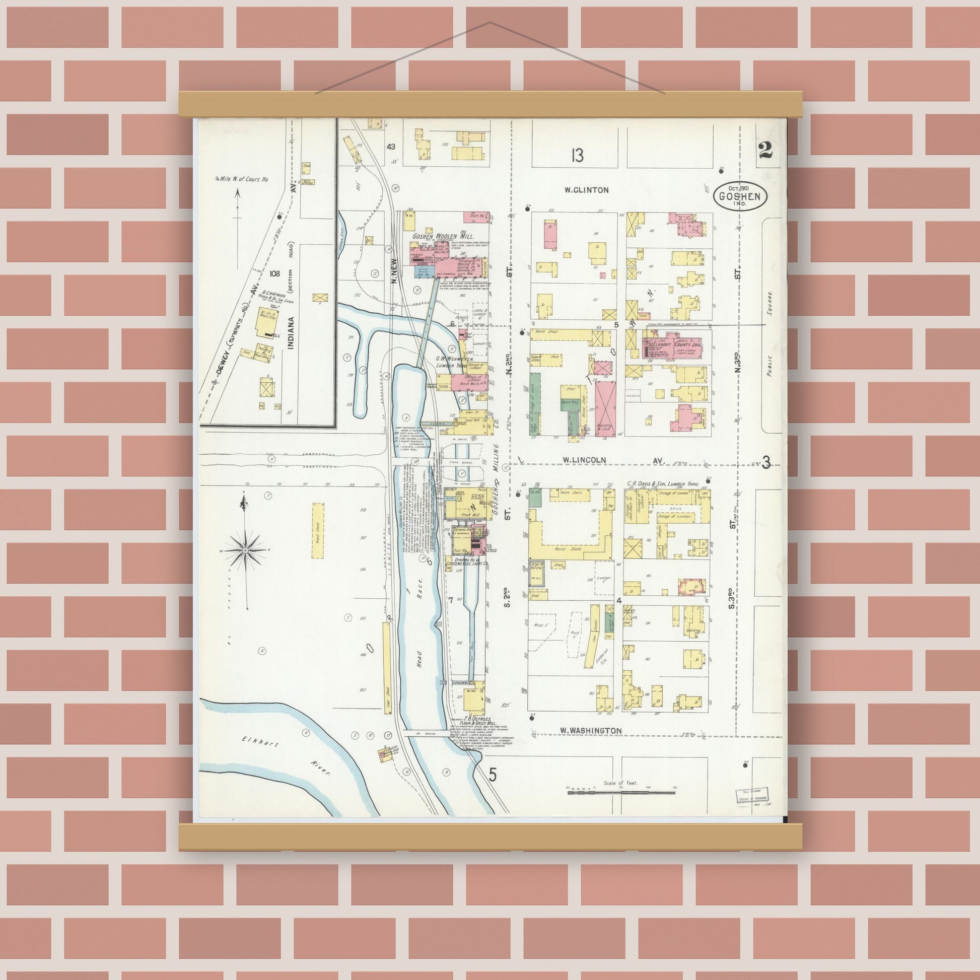 Old map wall art mockup — magnetic wood frame on brick wall — Sanborn Fire Insurance Map from Goshen, Elkhart County, Indiana (1901), Sheet #0002