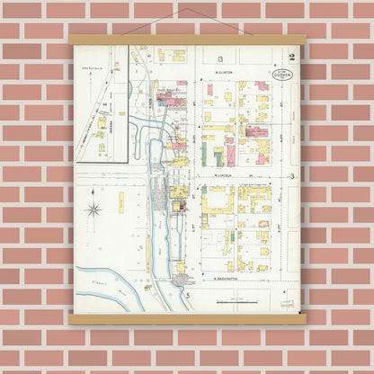 Old map wall art mockup — magnetic wood frame on brick wall — Sanborn Fire Insurance Map from Goshen, Elkhart County, Indiana (1901), Sheet #0002