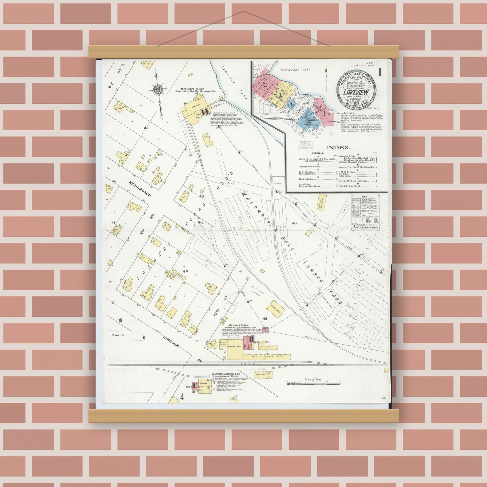 Old map wall art mockup — magnetic wood frame on brick wall — Sanborn Fire Insurance Map from Lakeview, Montcalm County, Michigan (1910) - Complete Map Set