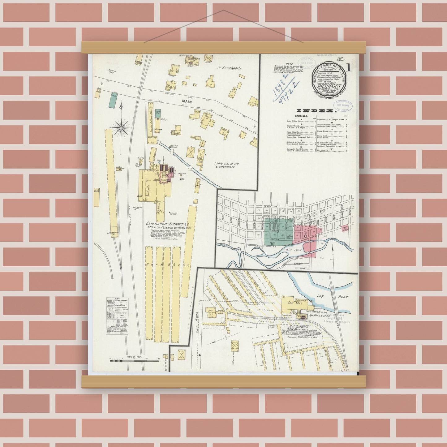 Old map wall art mockup — magnetic wood frame on brick wall — Sanborn Fire Insurance Map from Smethport, McKean County, Pennsylvania (1898), Sheet #0001