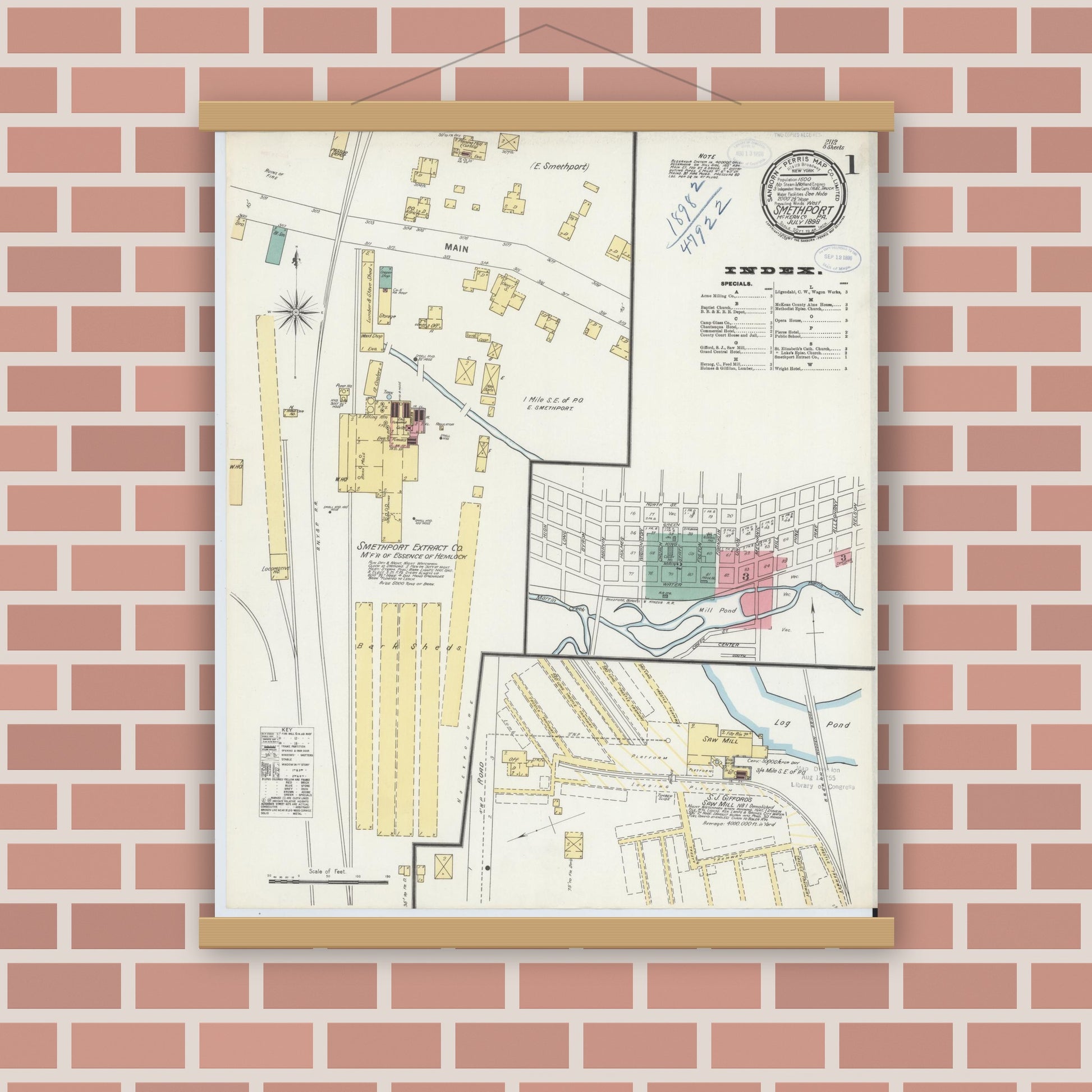 Old map wall art mockup — magnetic wood frame on brick wall — Sanborn Fire Insurance Map from Smethport, McKean County, Pennsylvania (1898), Sheet #0001