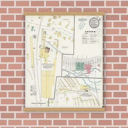 Old map wall art mockup — magnetic wood frame on brick wall — Sanborn Fire Insurance Map from Smethport, McKean County, Pennsylvania (1898), Sheet #0001